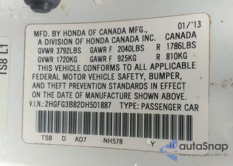 2013 Honda Civic Ex z USA, uszkodzony, nr VIN 2HGFG3B82DH501887